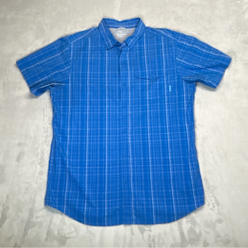 Columbia Shirt Mens Large Blue White Window Pane Vented Short Sleeve Button Up